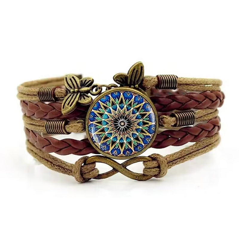 Retro Bohemian Mandala Glass Inlay Butterfly Leather Layered Bracelet