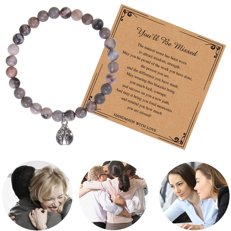 Retro Insect Agate Beaded Women's Bracelet with Ladybug Charm and Sentiment Card