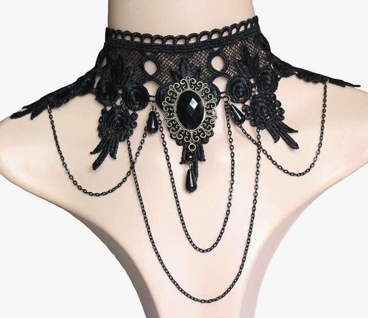 Retro Lace Crystal Alloy Necklace and Earrings Set with Punk Black Lace Choker and Tassel Pendant