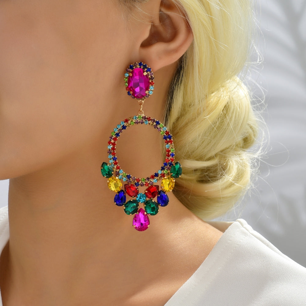 Retro Geometric Rhinestone Inlay Statement Drop Earrings for Women