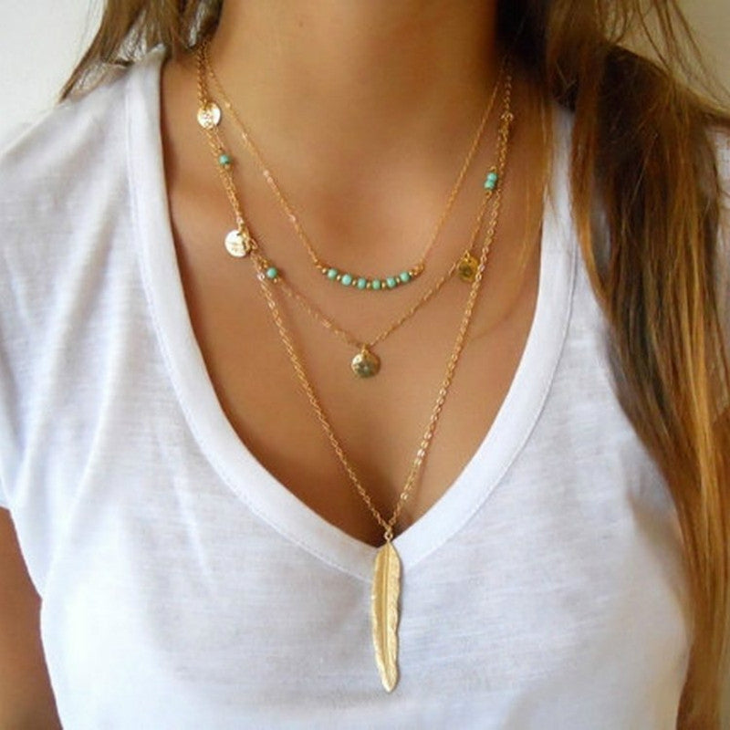 Retro Feather Turquoise Beaded Layered Necklace