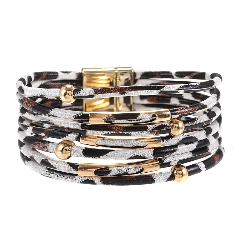 Retro Leopard Print Leather Beaded Layered Bracelet with Alloy Magnetic Clasp