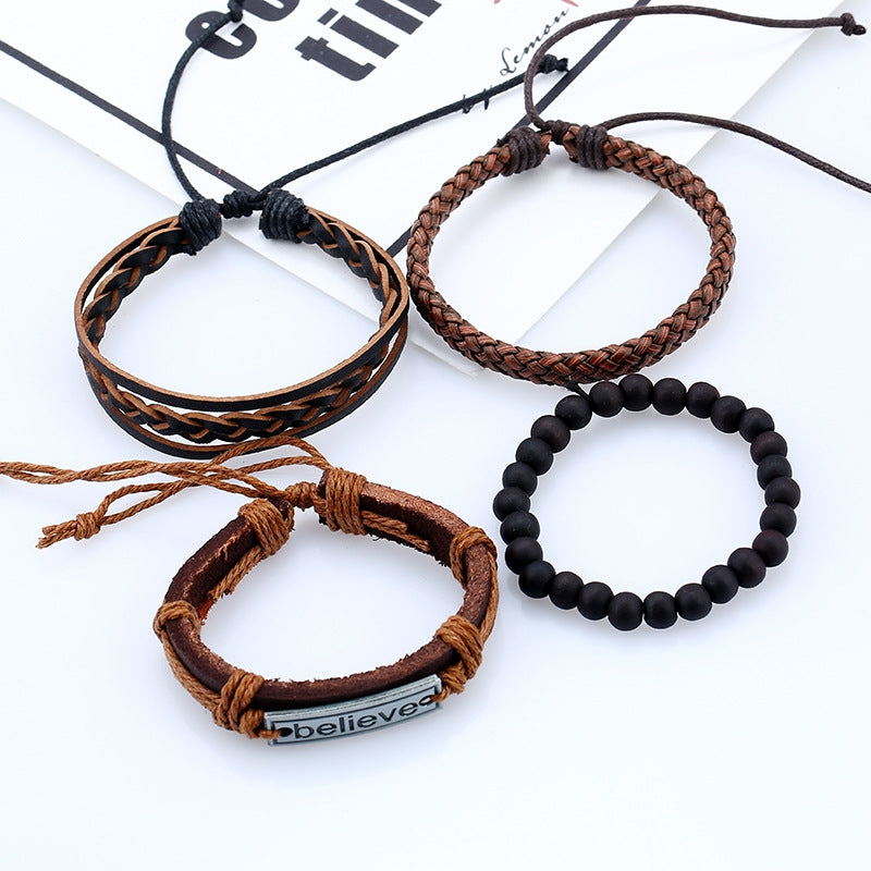 Retro Leather Beaded Braid Men's Bracelet - European Style DIY Woven Design