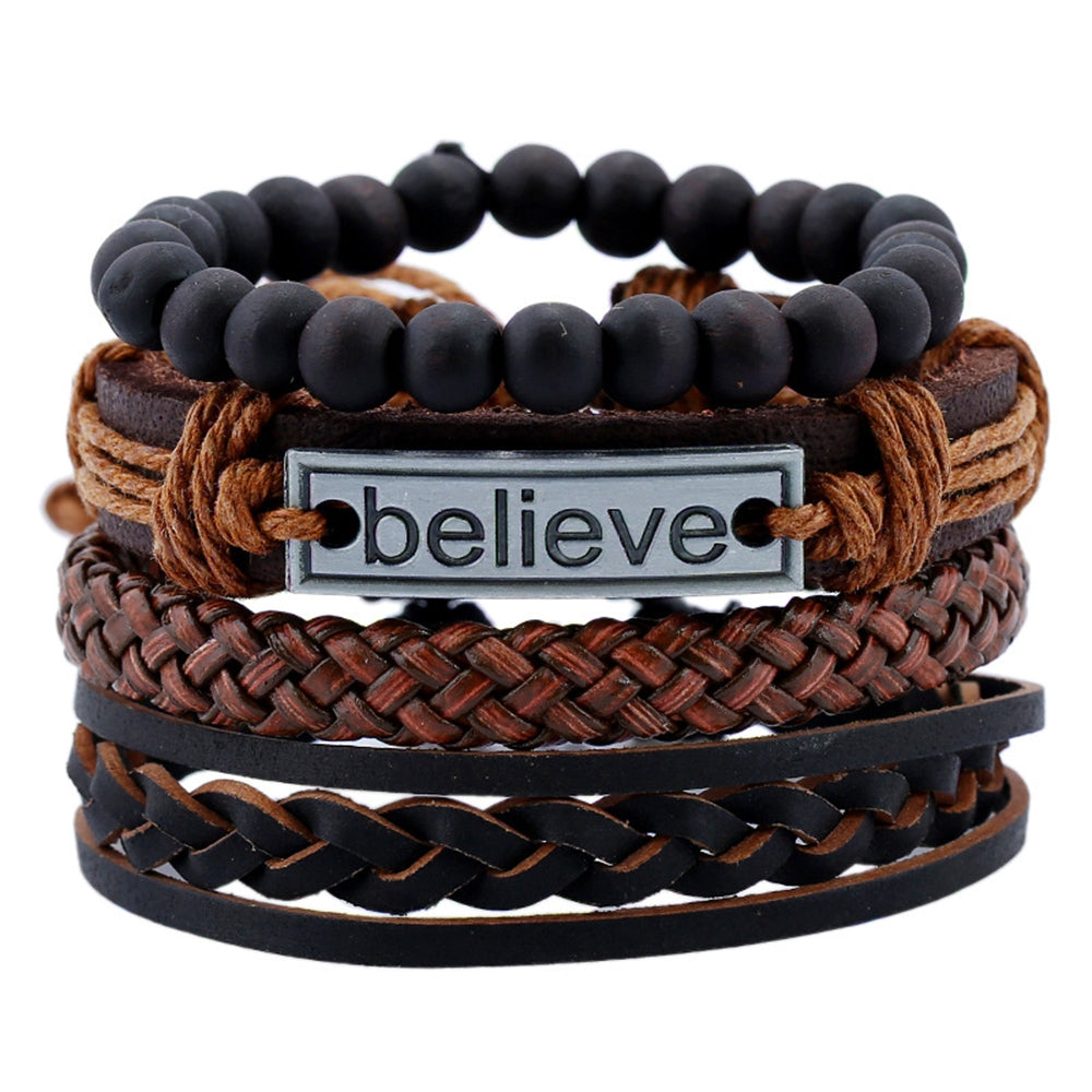 Retro Leather Beaded Braid Men's Bracelet - European Style DIY Woven Design