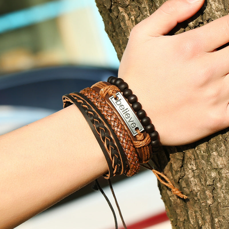 Retro Leather Beaded Braid Men's Bracelet - European Style DIY Woven Design