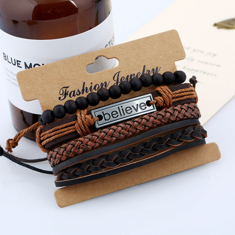 Retro Leather Beaded Braid Men's Bracelet - European Style DIY Woven Design