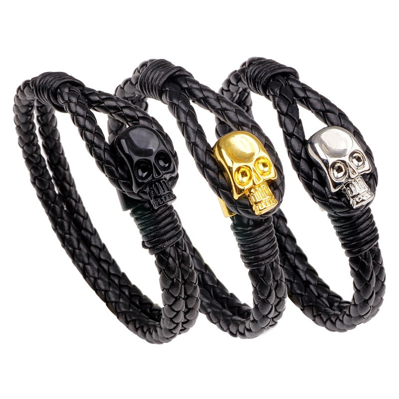 Retro Men's Skull Alloy Buckle Leather Braided Bracelet