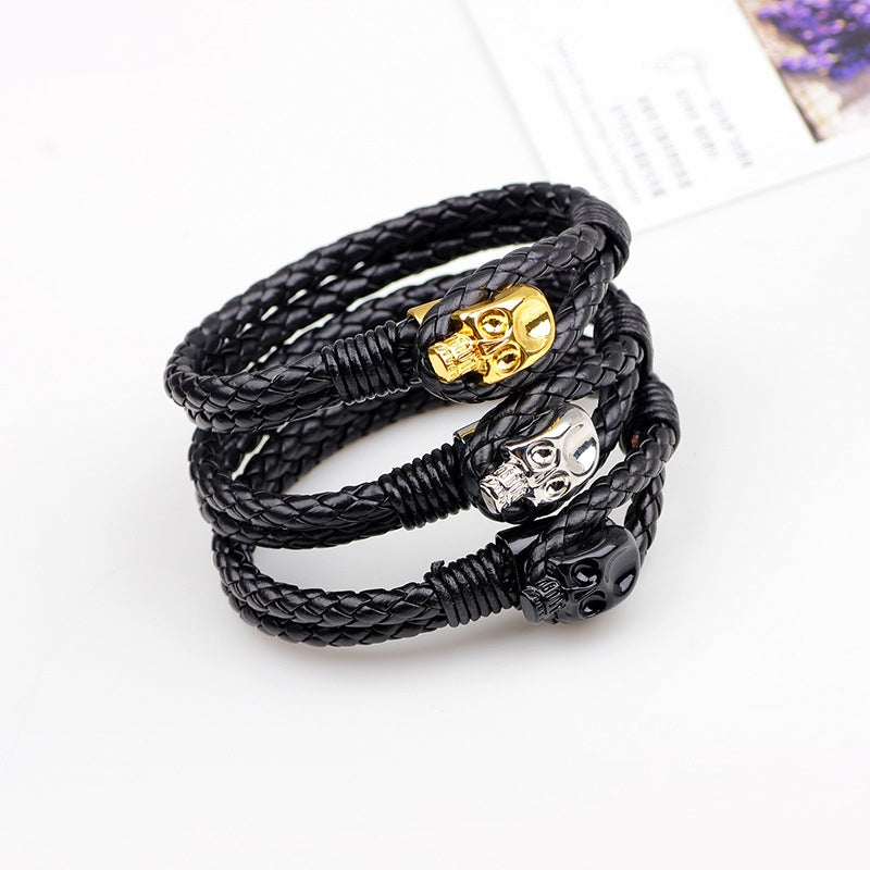 Retro Men's Skull Alloy Buckle Leather Braided Bracelet