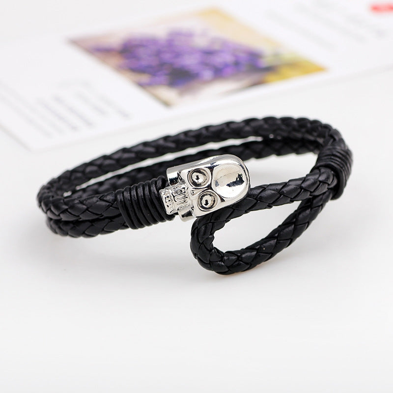 Retro Men's Skull Alloy Buckle Leather Braided Bracelet