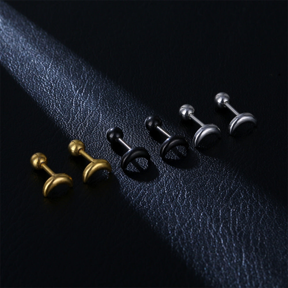 Retro Crescent Stainless Steel Ear Studs - Fashion Piercing Earrings for Men