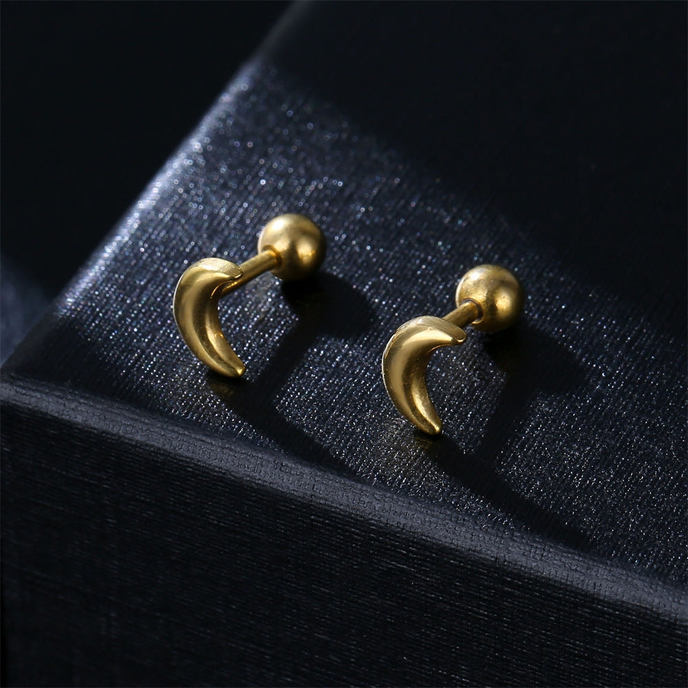 Retro Crescent Stainless Steel Ear Studs - Fashion Piercing Earrings for Men