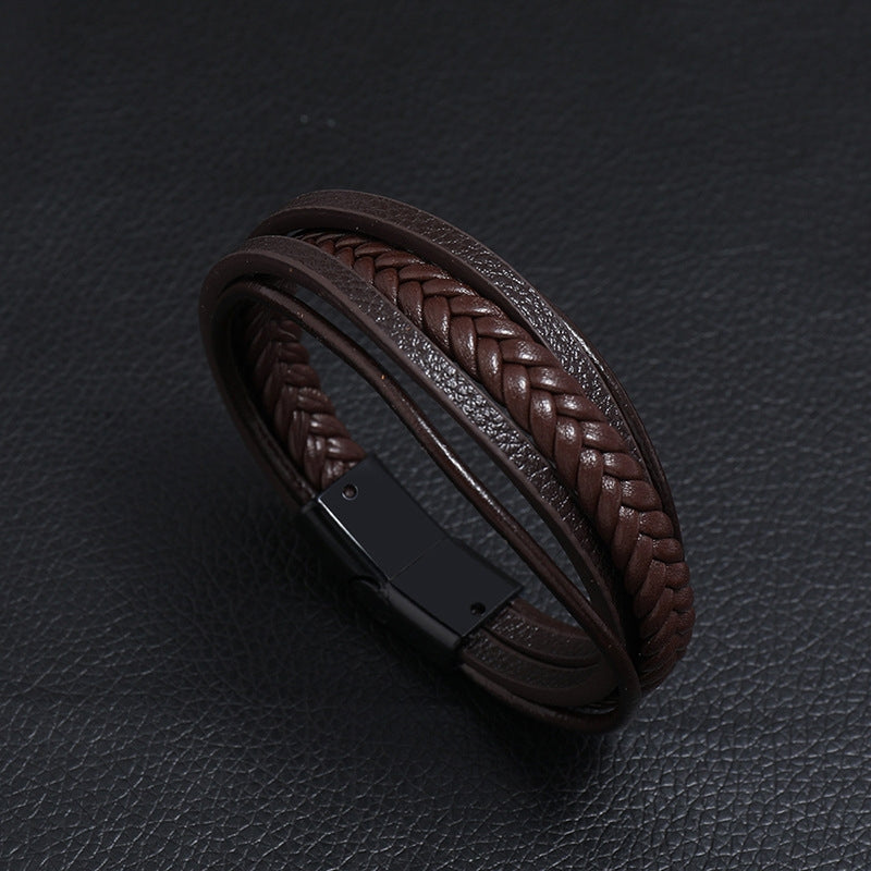 Retro Multilayer Hand-Woven Leather Bracelet with Magnet Buckle for Women and Couples