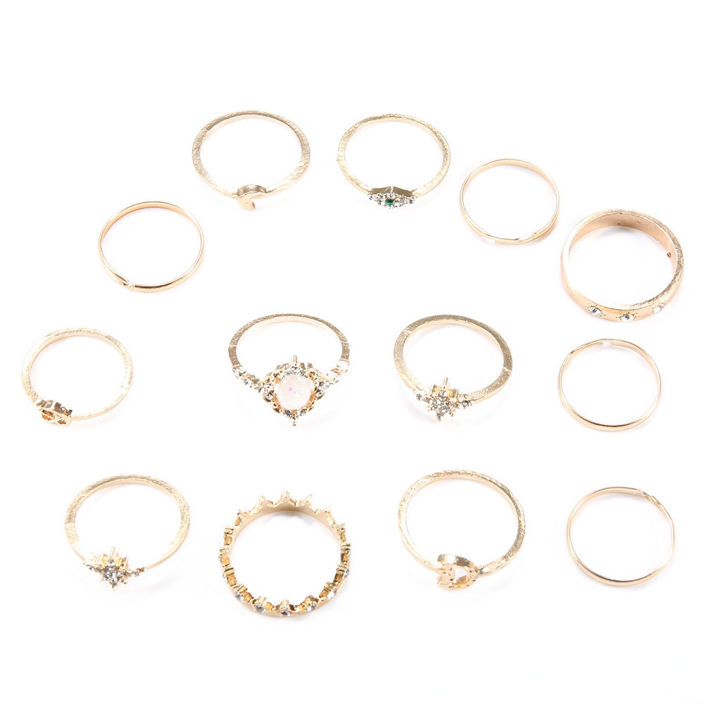 Retro Opal Crown & Diamond Star Moon 13-Piece Ring Set