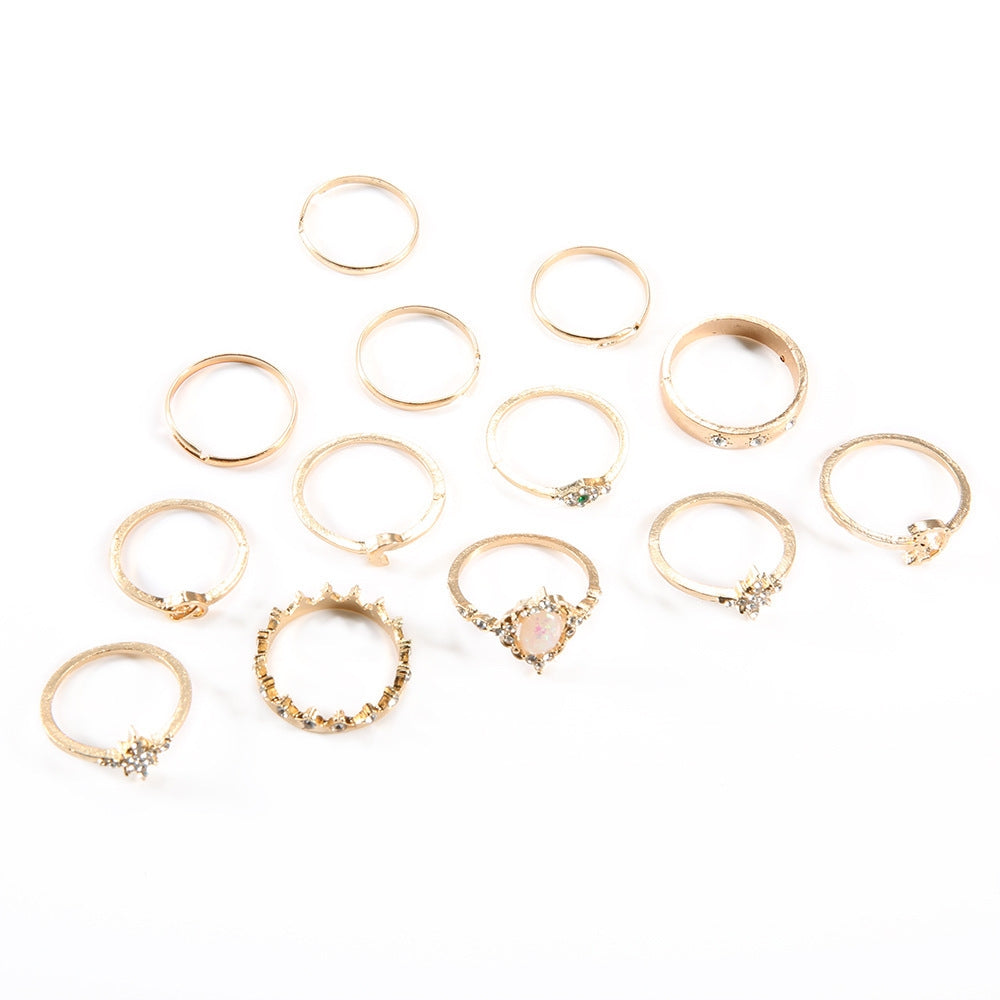 Retro Opal Crown & Diamond Star Moon 13-Piece Ring Set