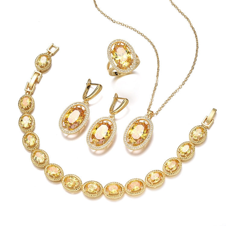 Retro Oval Brass Inlay Zircon Jewelry Set - Necklace, Earrings, and Rings