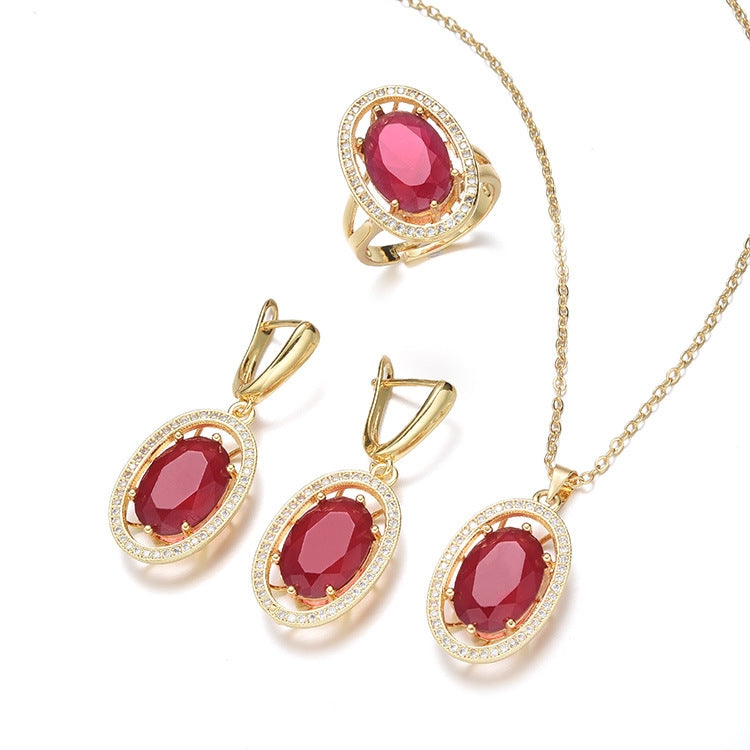 Retro Oval Brass Inlay Zircon Jewelry Set - Necklace, Earrings, and Rings