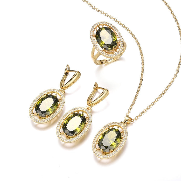 Retro Oval Brass Inlay Zircon Jewelry Set - Necklace, Earrings, and Rings