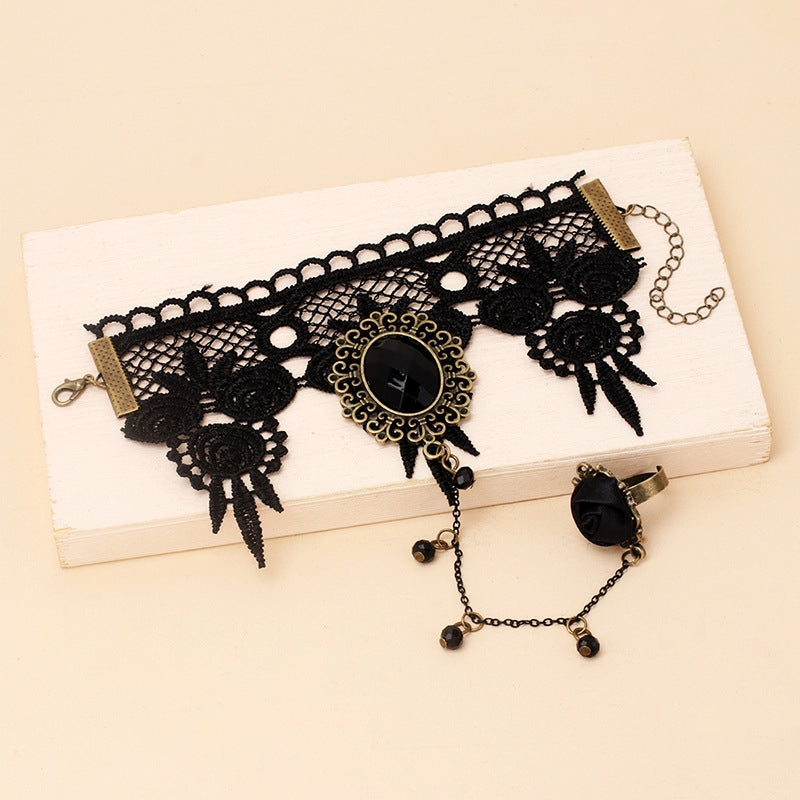 Gothic Lolita Dark Lace Bracelet and Finger Ornament Set