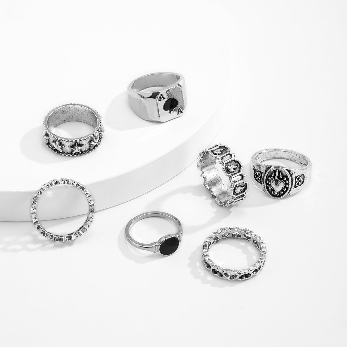 Retro Geometric Heart Shape Alloy Ring Set - 7 Pieces