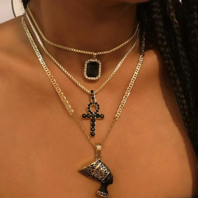 Retro Bohemian Pharaoh Cross Square Pendant Layered Necklace with Rhinestones