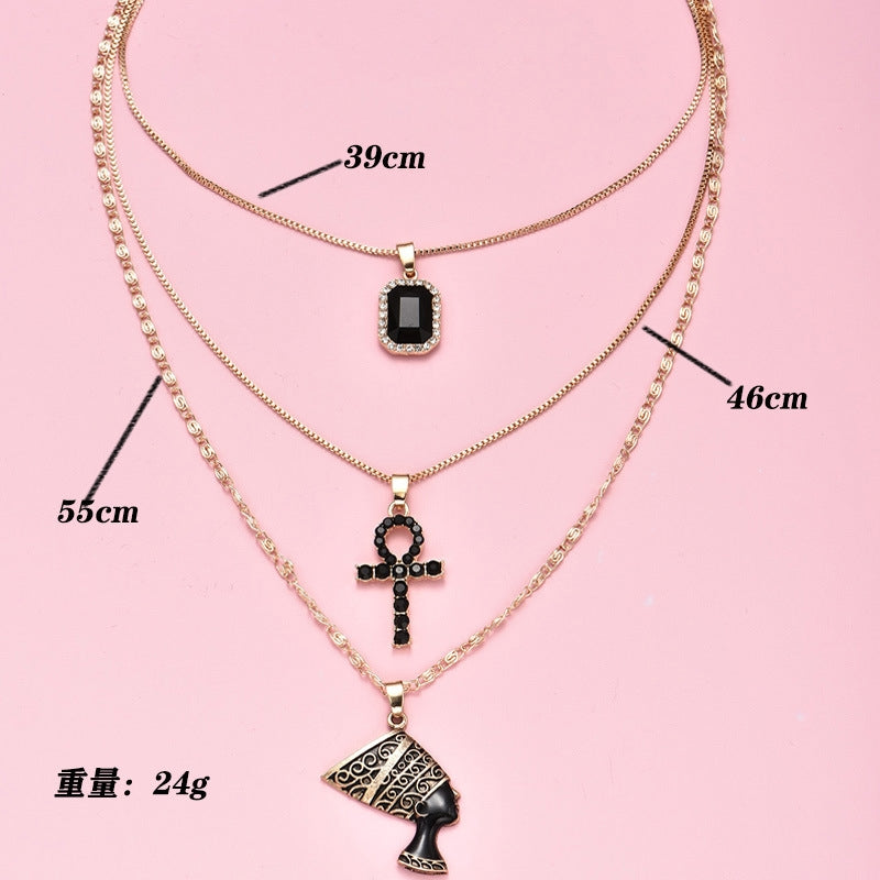 Retro Portrait Cross Square Alloy Inlay Rhinestones Women's Layered Necklaces