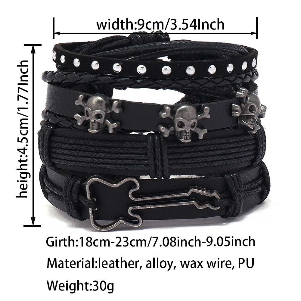 Retro Punk Geometric Skull Leather Bracelet Set for Men