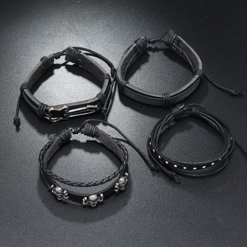 Retro Punk Geometric Skull Leather Bracelet Set for Men