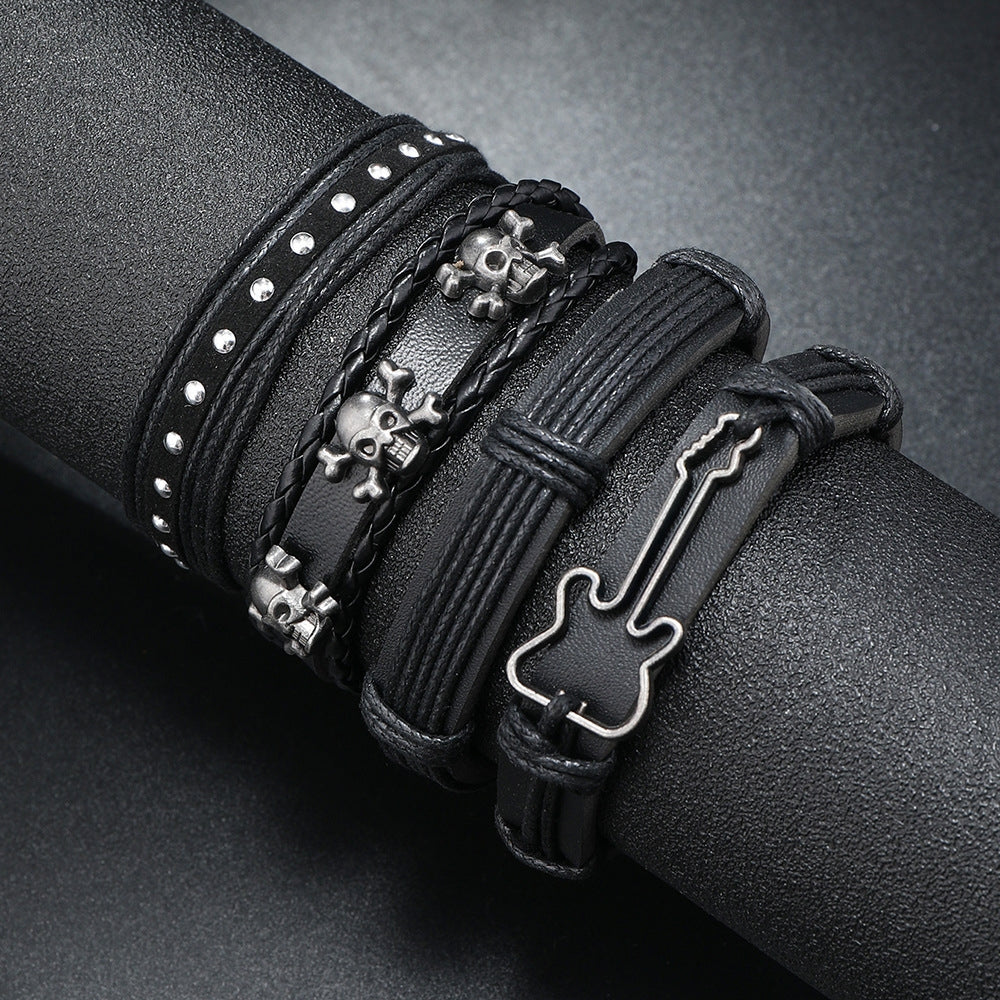 Retro Punk Geometric Skull Leather Bracelet Set for Men