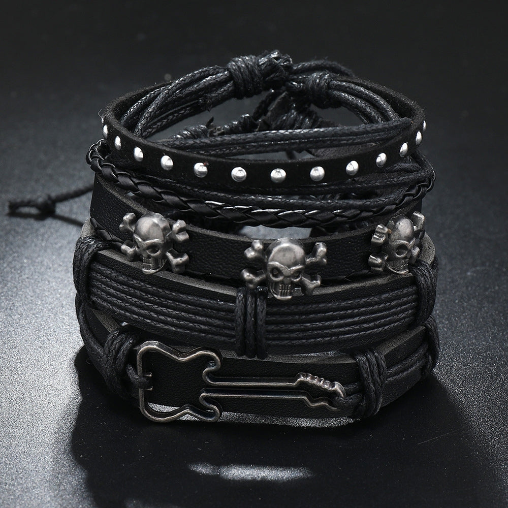 Retro Punk Geometric Skull Leather Bracelet Set for Men