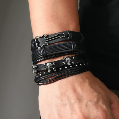 Retro Punk Geometric Skull Leather Bracelet Set for Men