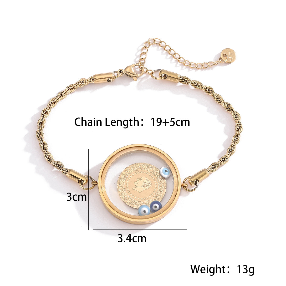 Retro Punk 18K Gold Plated Stainless Steel Portrait Disc Bracelet for Women