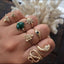 Retro Punk Tortoise Round Snake Alloy Inlay Gemstone Opal Gold Silver Women's Ring Set