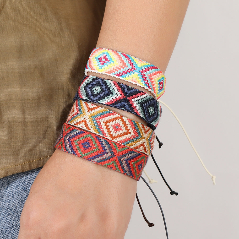 Retro Rhombus Ethnic Style Cotton Rope Hand-Woven Bracelet