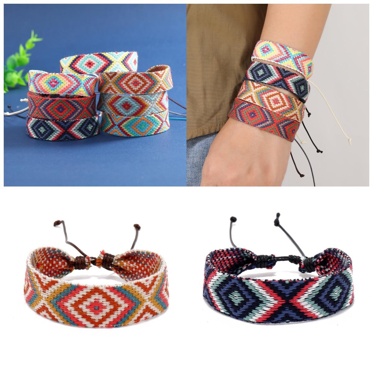 Retro Rhombus Ethnic Style Cotton Rope Hand-Woven Bracelet