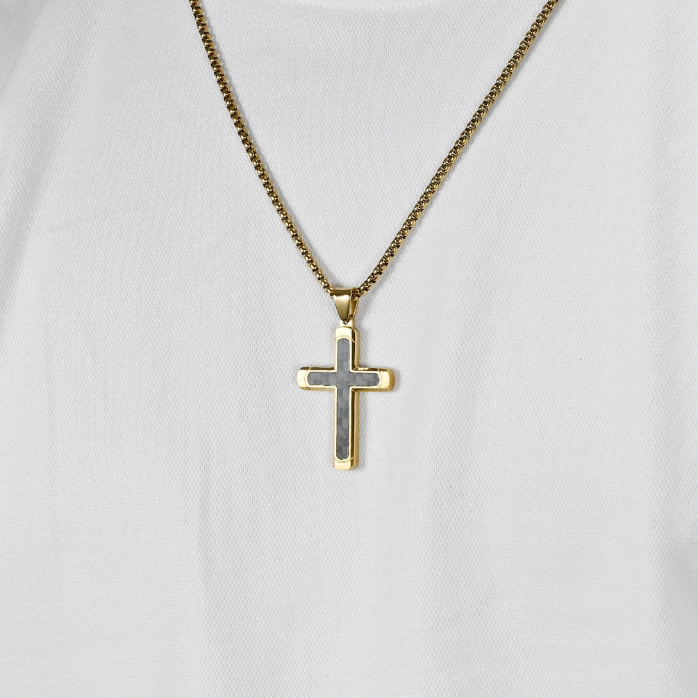 Retro Roman Cross Titanium Steel Carbon Inlay Men's Pendant Necklace