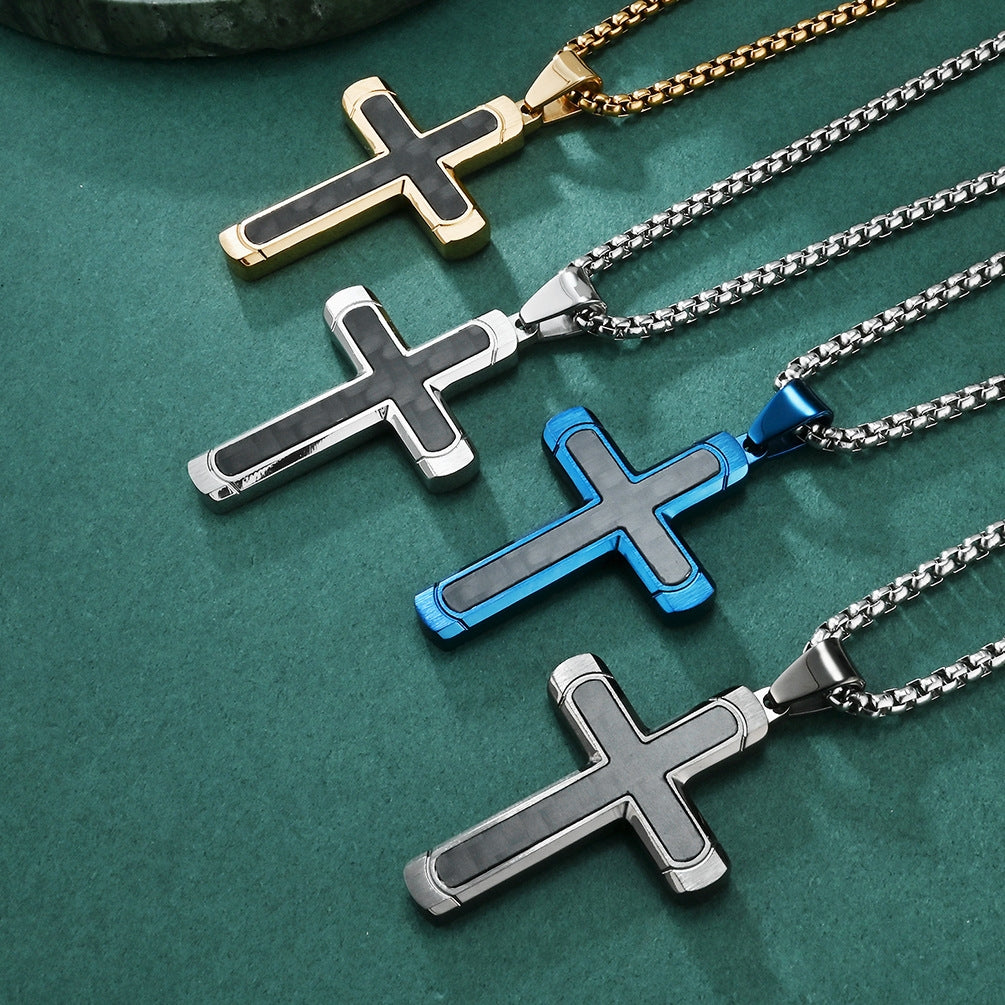 Retro Roman Cross Titanium Steel Carbon Inlay Men's Pendant Necklace