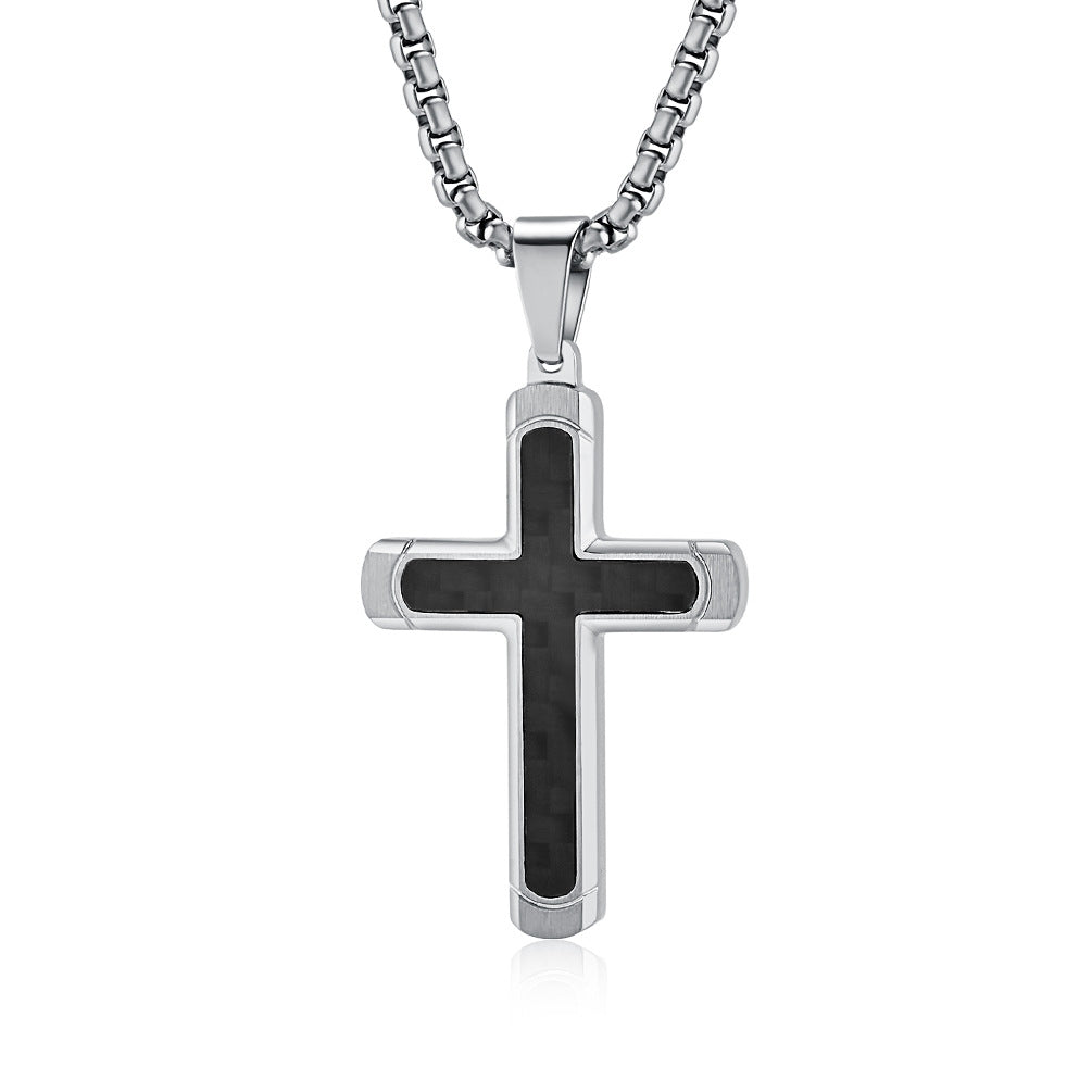 Retro Roman Cross Titanium Steel Carbon Inlay Men's Pendant Necklace