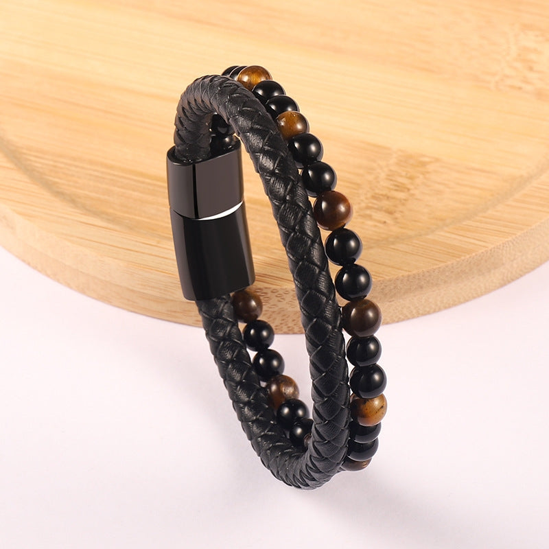 Retro Round Alloy Beaded Leather Bracelet with Natural Stone Tiger Eye and Agate