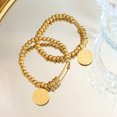 Retro Round Pendant 18K Gold Plated Stainless Steel Elastic Bead Bracelet