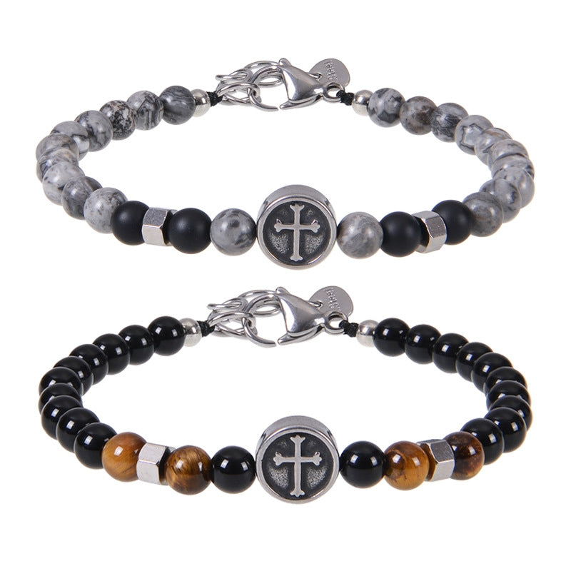 Retro Cross Stainless Steel & Obsidian Beaded Men's Bracelet