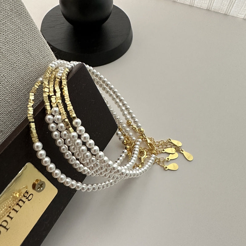 Retro Round Sterling Silver Beaded Bracelet and Gold-Plated Pearl Necklace Set