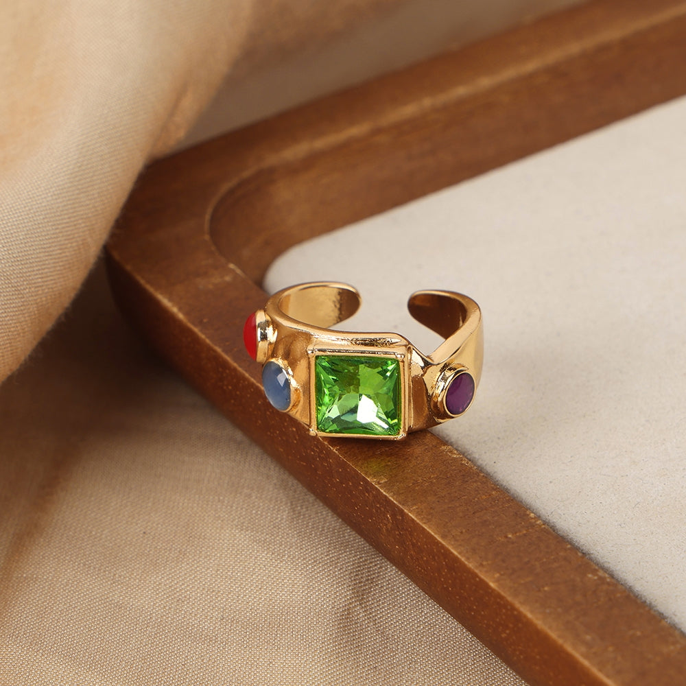 Retro Geometric Zircon Inlay 18K Gold Plated Open Ring