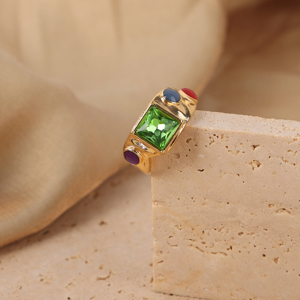 Retro Geometric Zircon Inlay 18K Gold Plated Open Ring