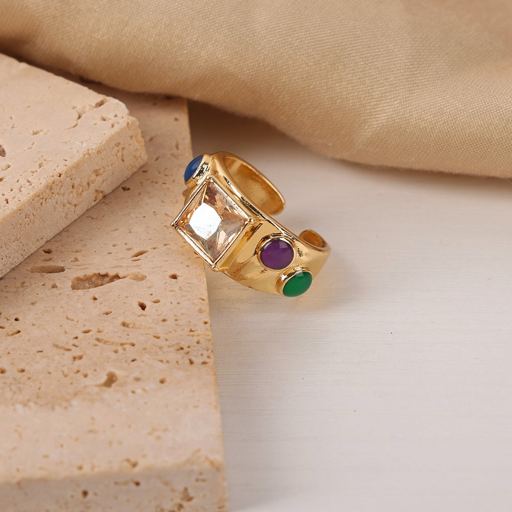 Retro Geometric Zircon Inlay 18K Gold Plated Open Ring