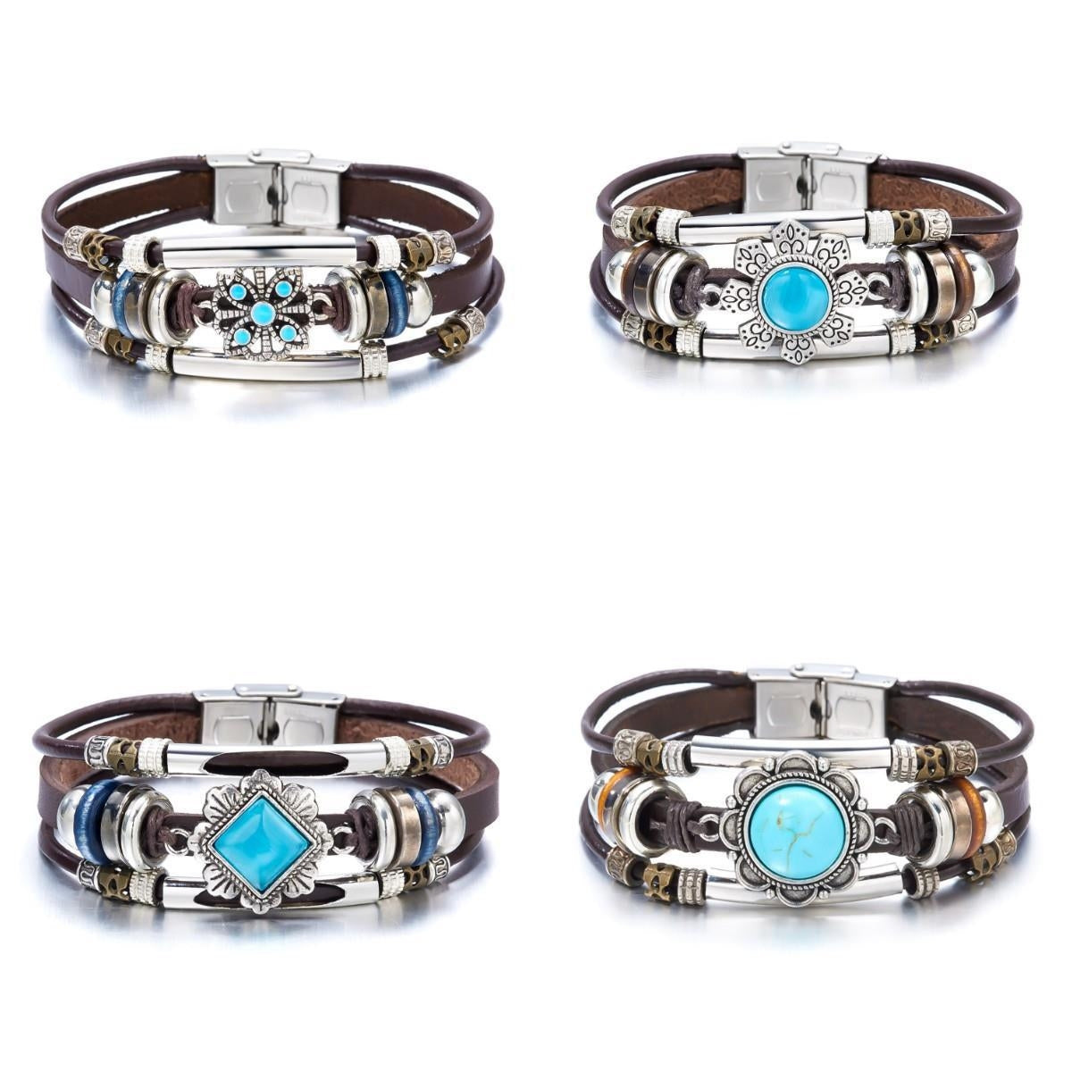 Vintage Turquoise Flower Crystal Leather Multi-Layer Bracelet