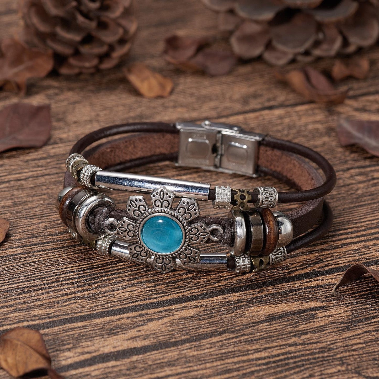 Vintage Turquoise Flower Crystal Leather Multi-Layer Bracelet