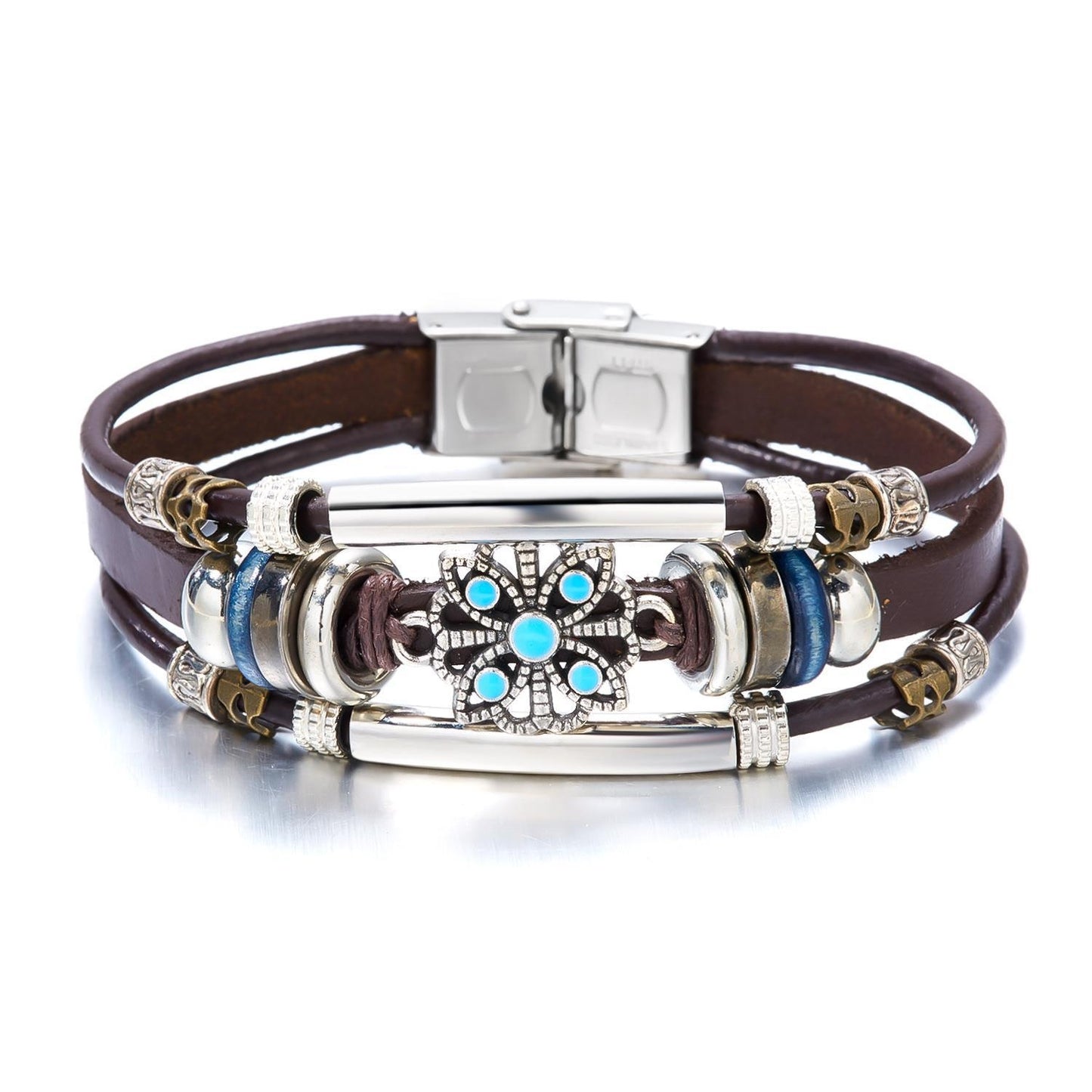 Vintage Turquoise Flower Crystal Leather Multi-Layer Bracelet