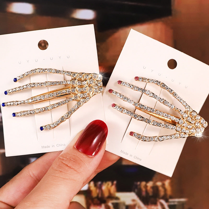 Retro Skull Hand Claw Rhinestone Hair Clip