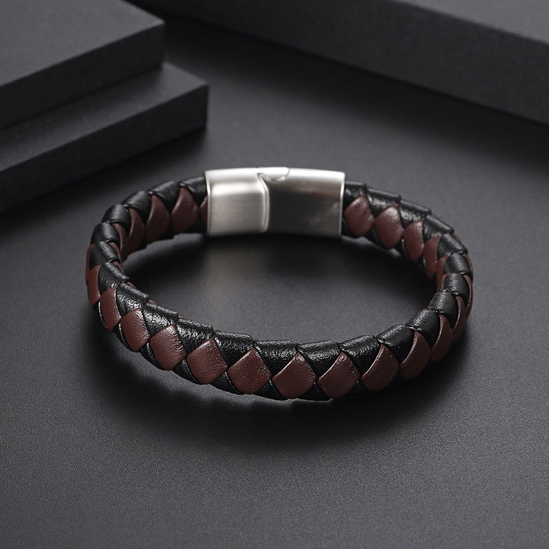 Retro Stainless Steel Magnetic Buckle Men's Leather Bracelet