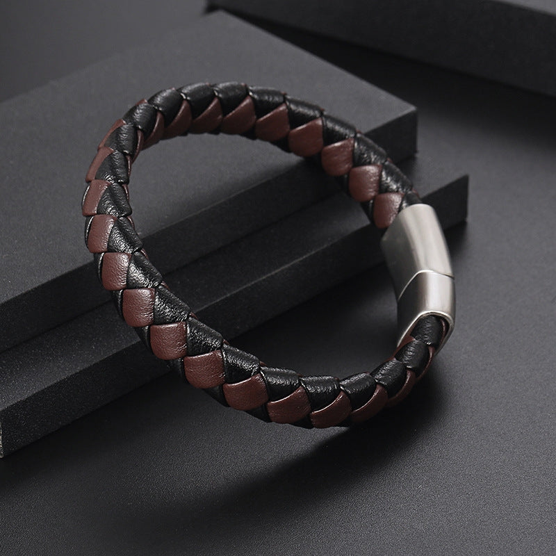 Retro Stainless Steel Magnetic Buckle Men's Leather Bracelet
